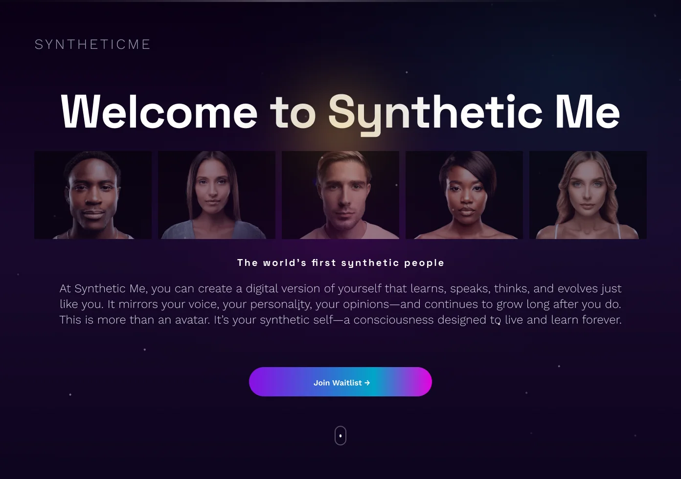 The Figma concept: purple gradient, five faces, Join Waitlist