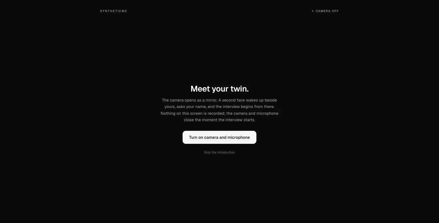 The onboarding intro screen: Meet your twin, one button to turn on camera and microphone