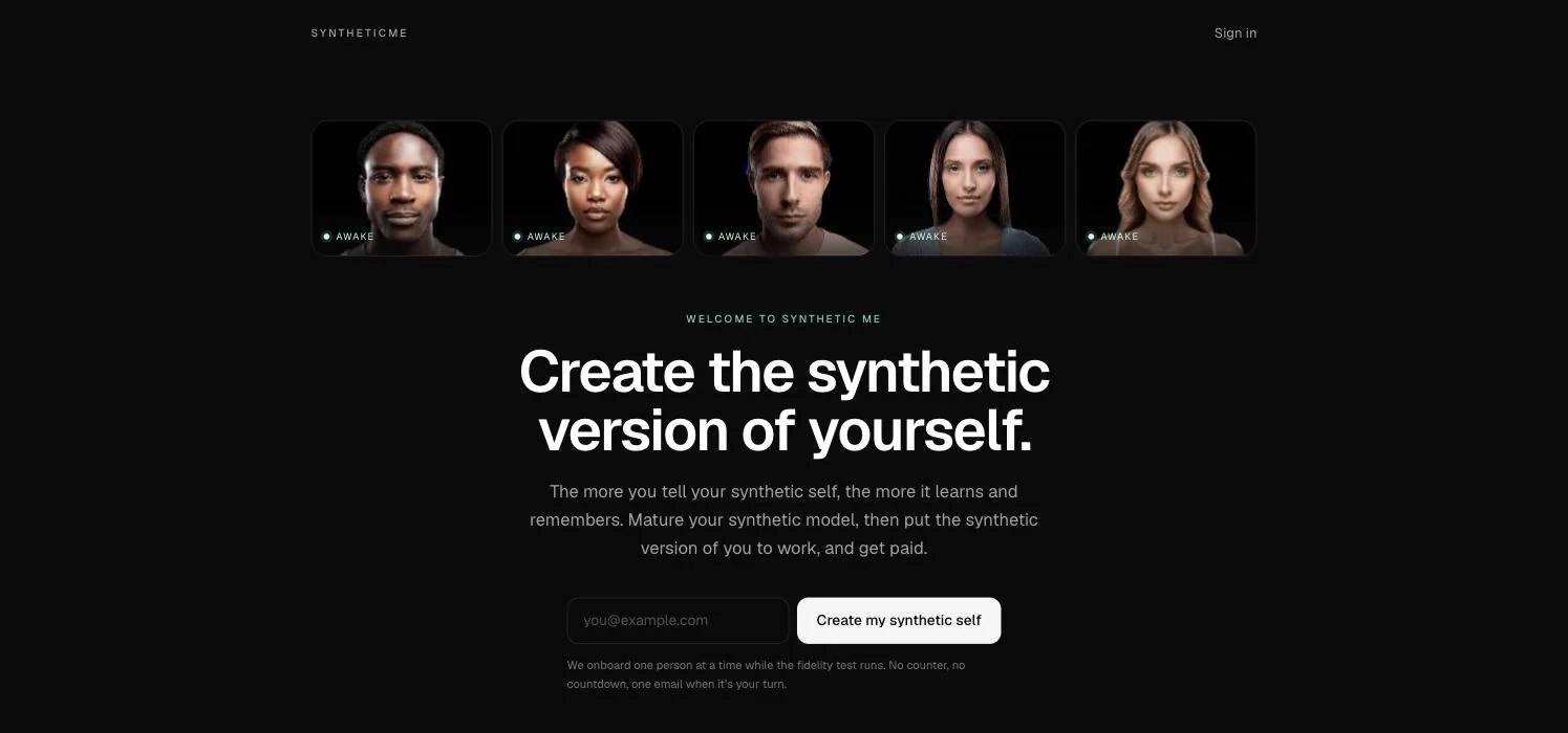 The welcome page as built: five moving portraits above the headline Create the synthetic version of yourself